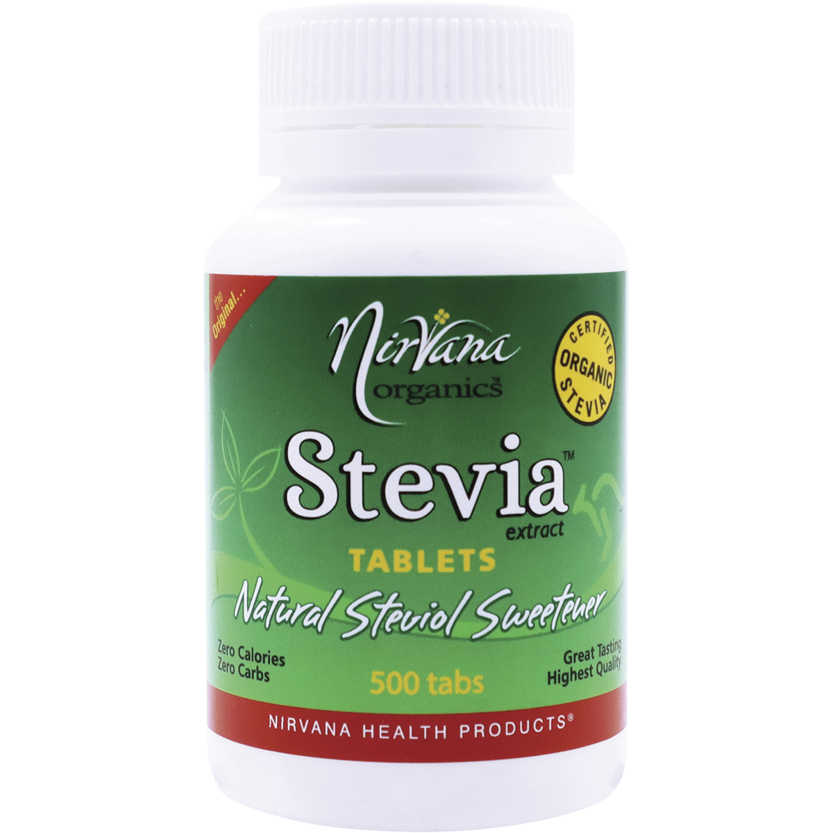 Nirvana Organics Stevia Tablets – 500 Tablets, front of pack