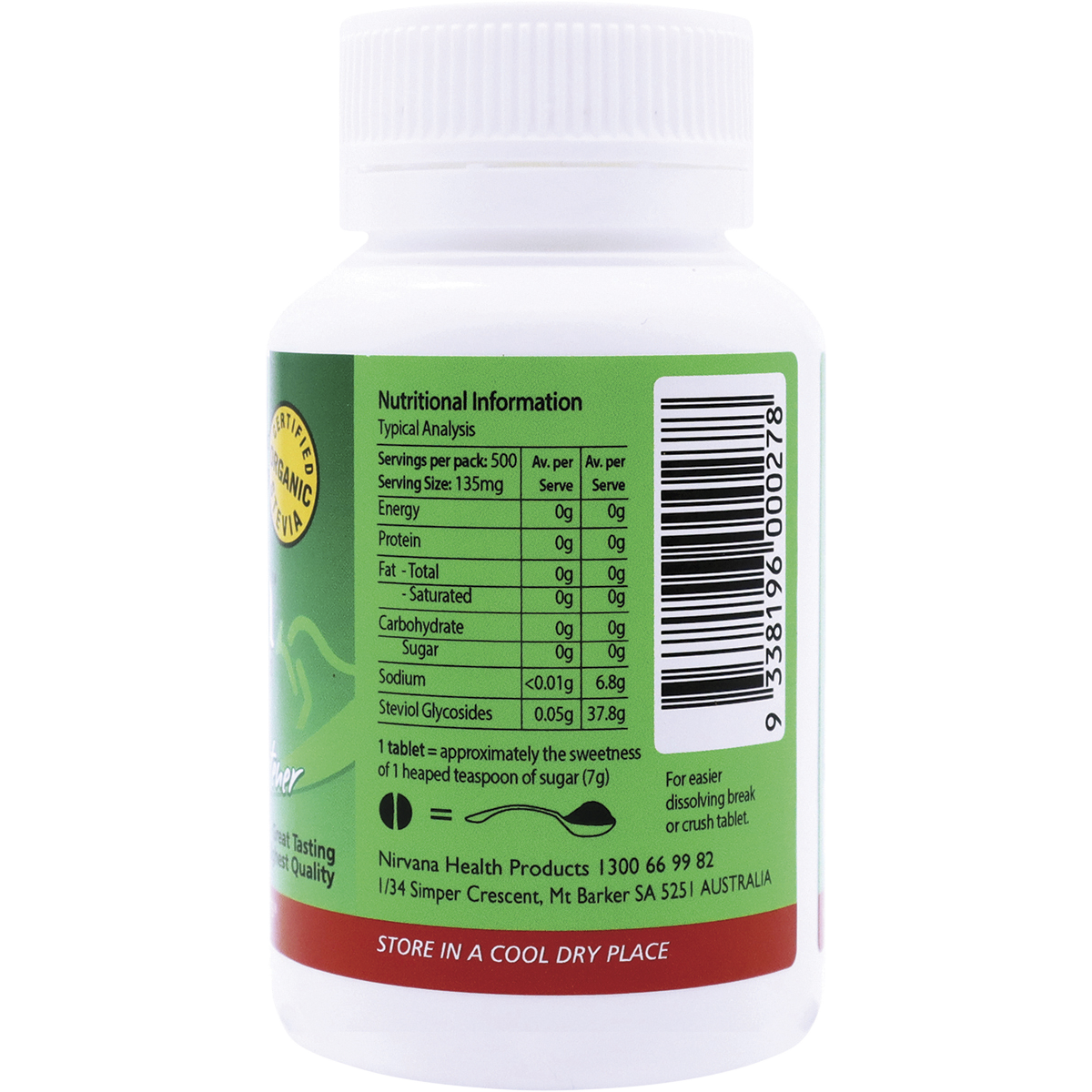 Nirvana Organics Stevia Tablets – 500 Tablets, pack detail