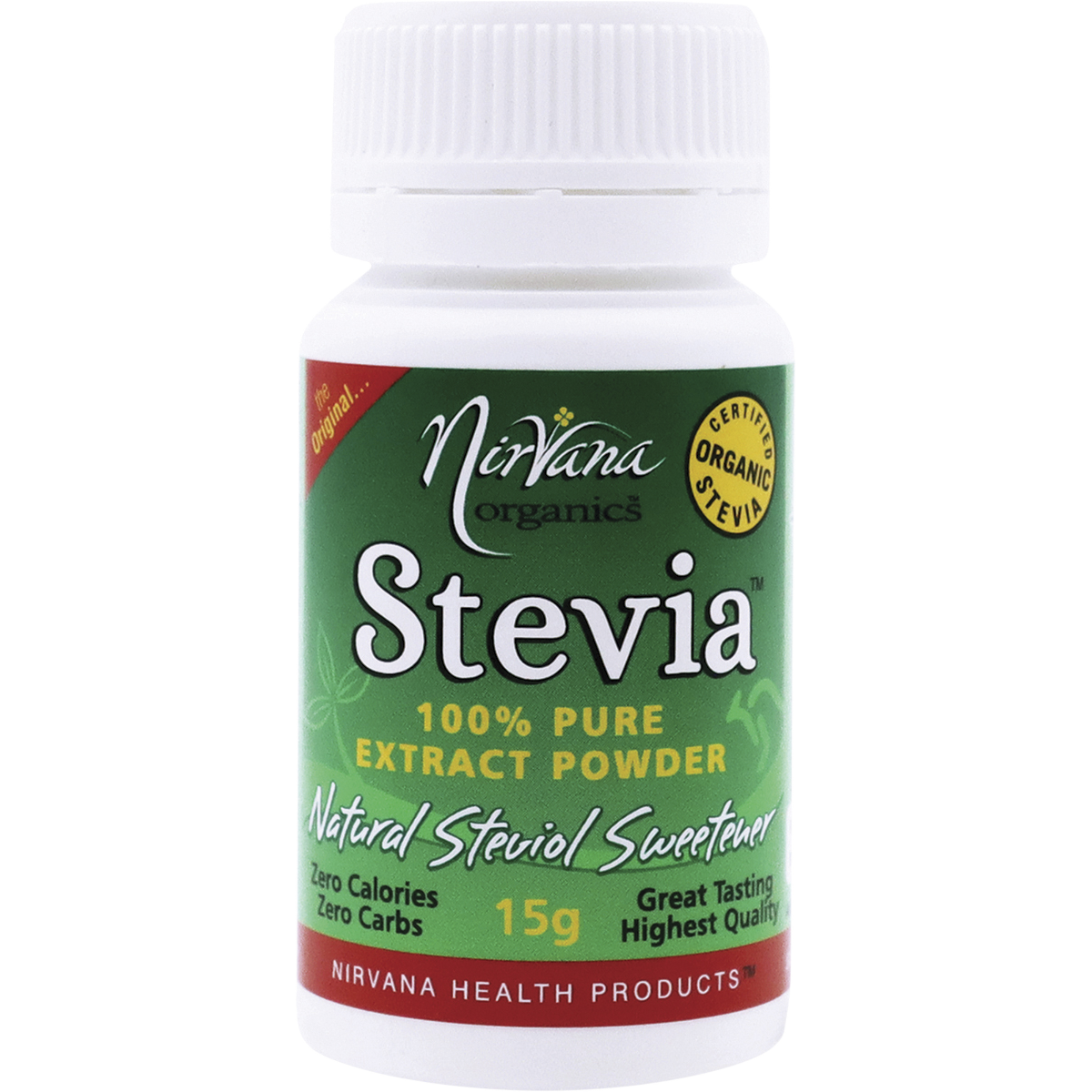 Nirvana Organics Stevia 100% Pure Extract Powder – 15g, front of pack