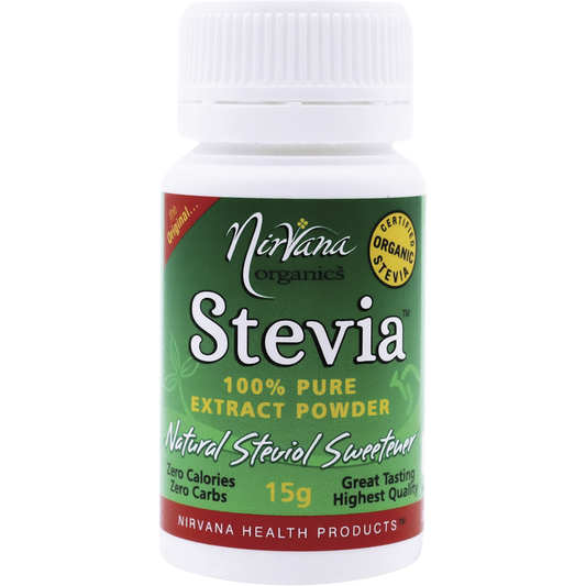 Nirvana Organics Stevia 100% Pure Extract Powder – 15g, front of pack
