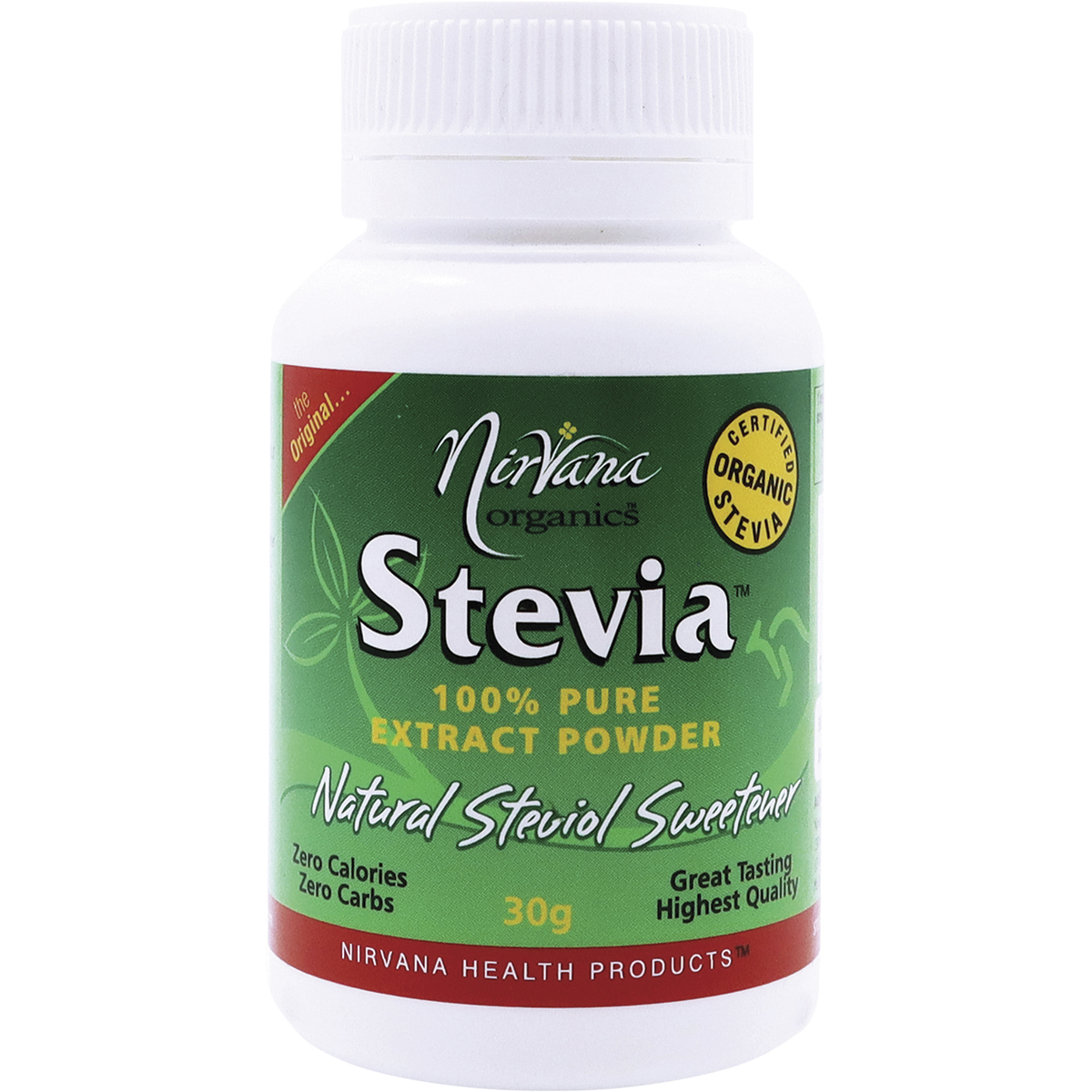 Nirvana Organics Stevia 100% Pure Extract Powder – 30g, front of pack