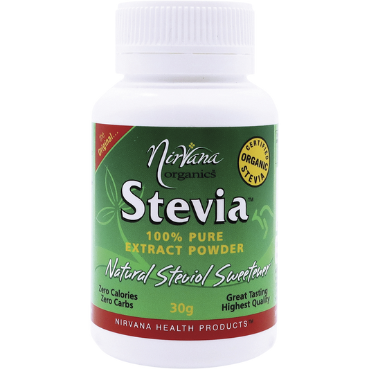 Nirvana Organics Stevia 100% Pure Extract Powder – 30g, front of pack