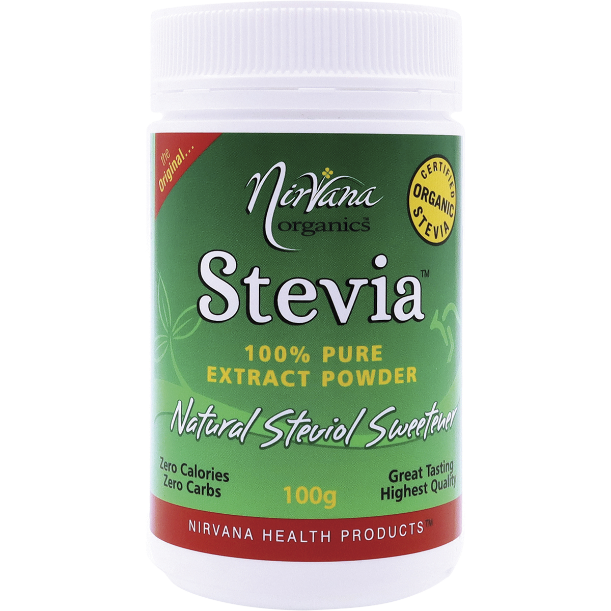 Nirvana Organics Stevia 100% Pure Extract Powder – 100g, front of pack