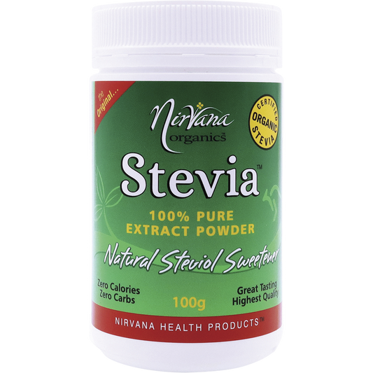 Nirvana Organics Stevia 100% Pure Extract Powder – 100g, front of pack