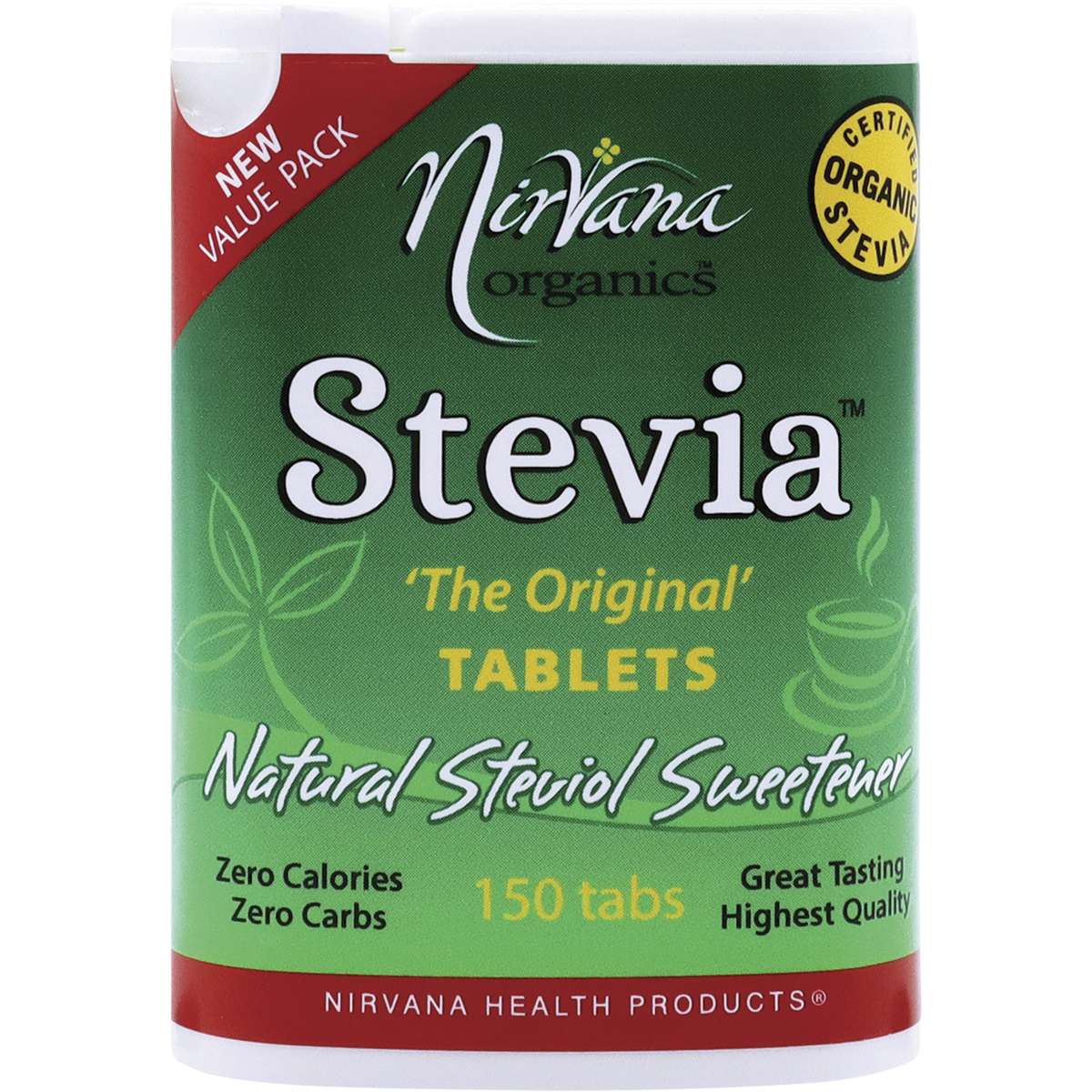 Nirvana Organics Stevia Tablets – 150 Tablets, front of pack