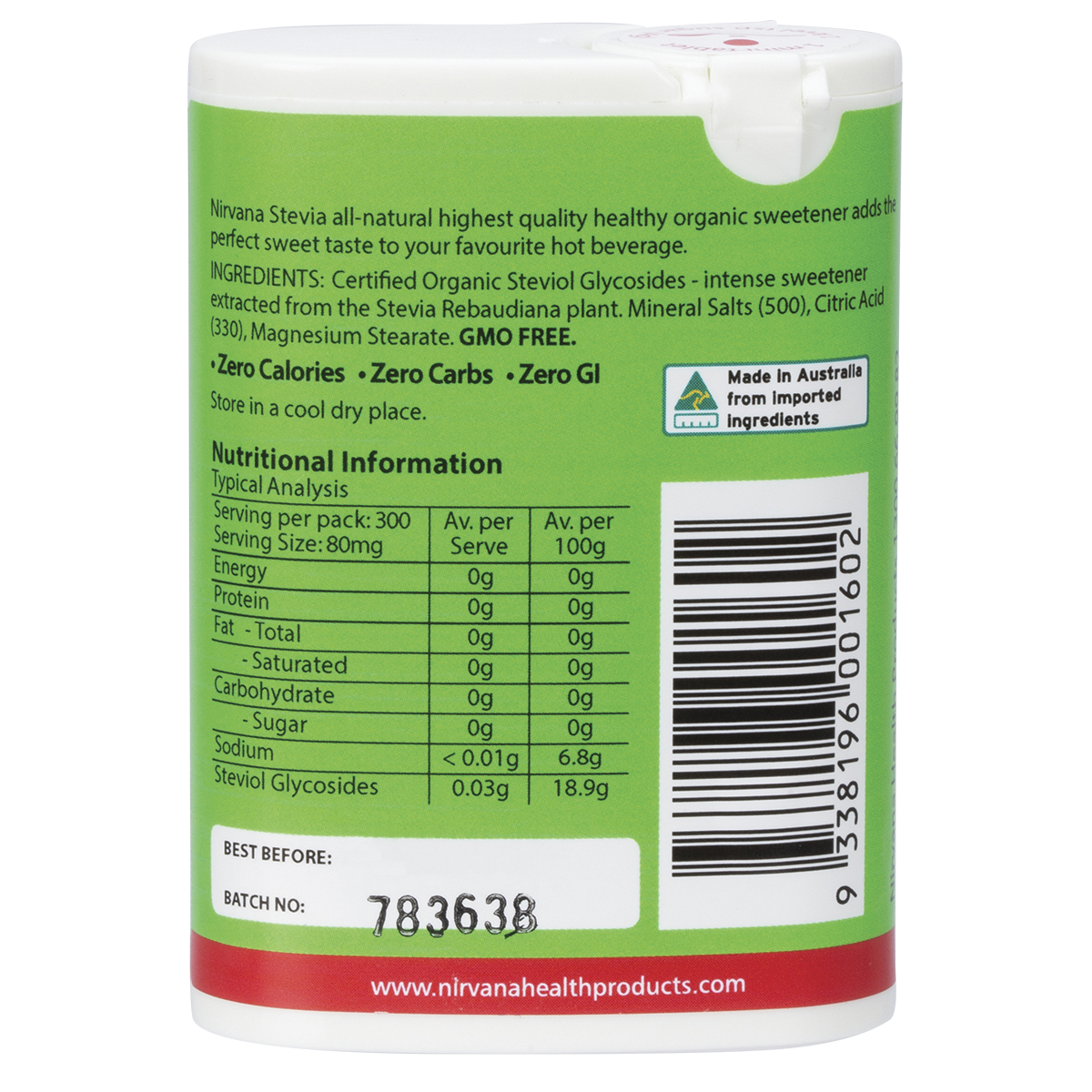 Nirvana Organics Stevia Mini Tablets – 300 Tablets, back of pack