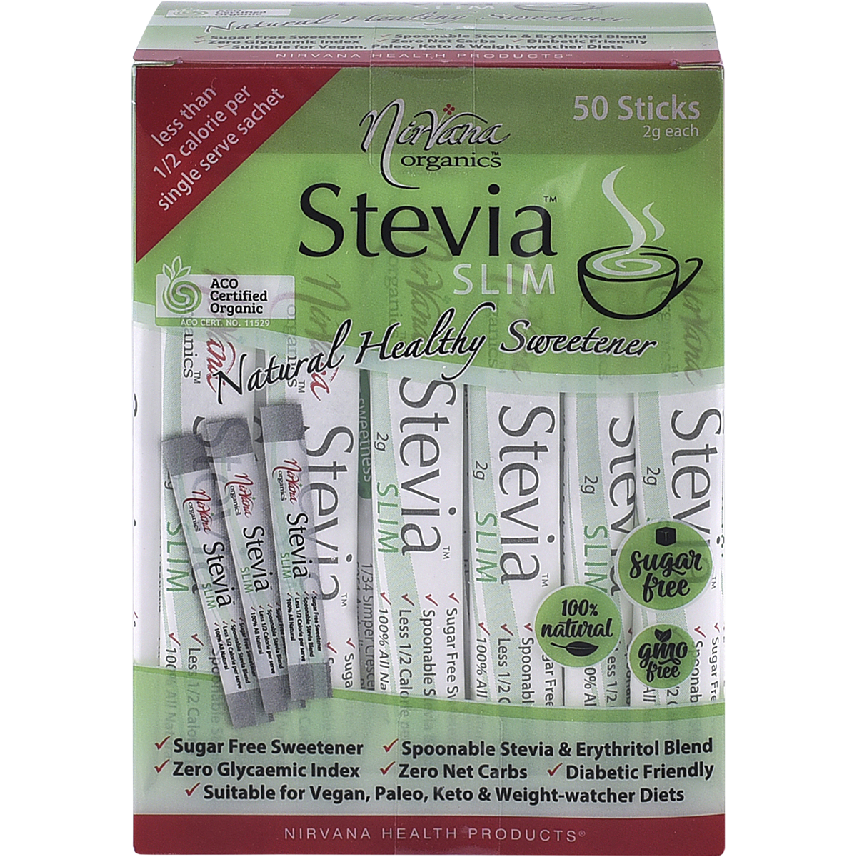 Nirvana Organics Stevia Slim Sweetener Sticks – 50 x 2g, front of pack