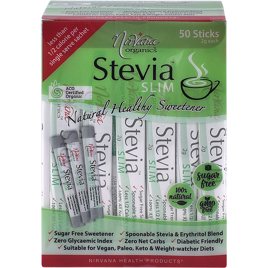 Nirvana Organics Stevia Slim Sweetener Sticks – 50 x 2g, front of pack