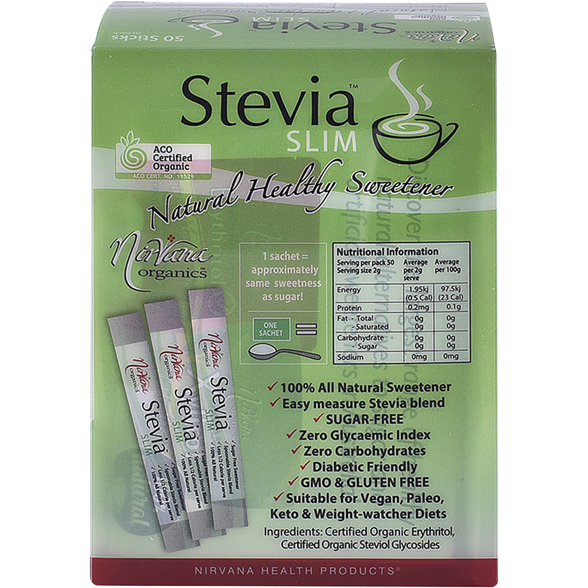 Nirvana Organics Stevia Slim Sweetener Sticks – 50 x 2g, back of pack