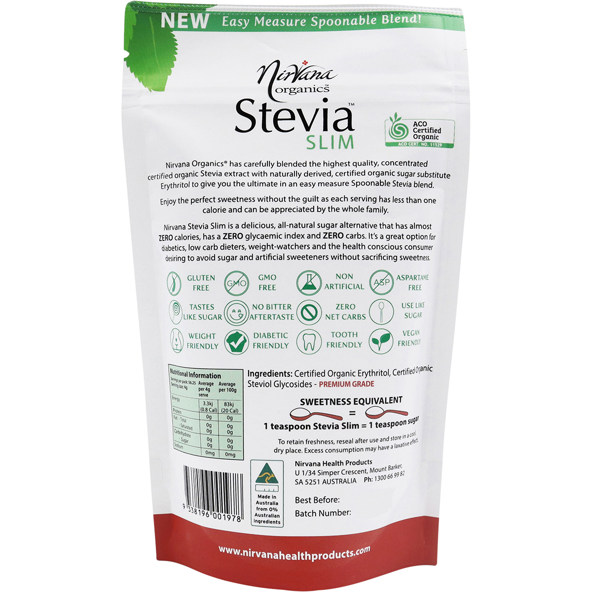 Nirvana Organics Stevia Slim Spoonable Sweetener – 225g, back of pack