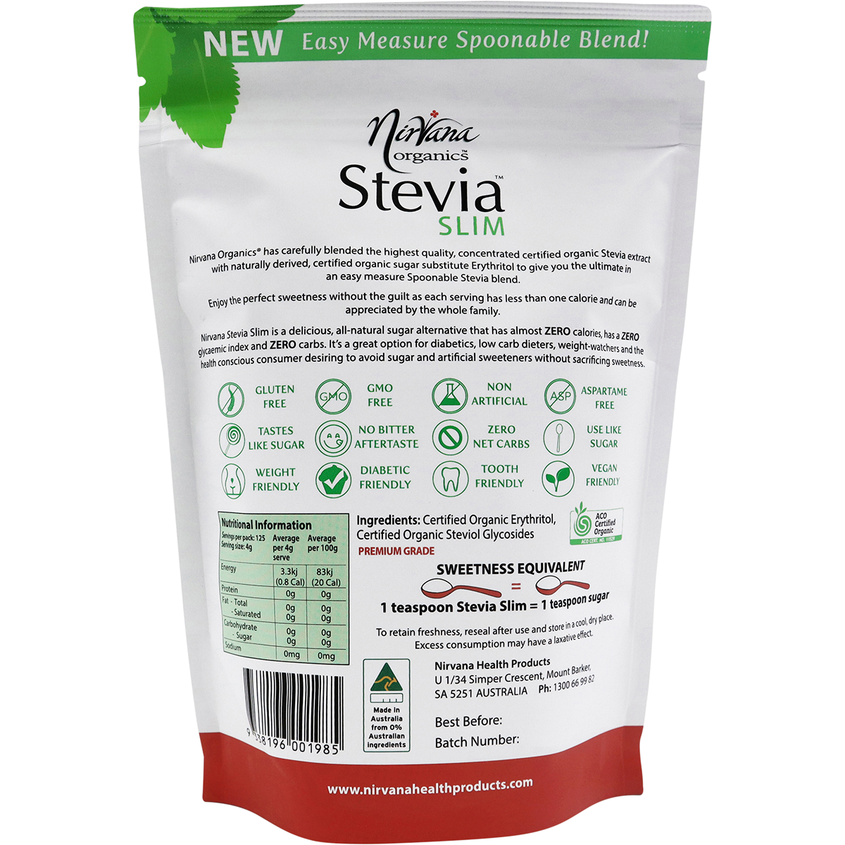 Nirvana Organics Stevia Slim Spoonable Sweetener – 500g, back of pack