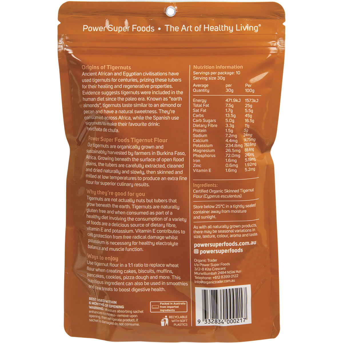 Power Super Foods Organic Tigernut Flour – 300g, back of pack