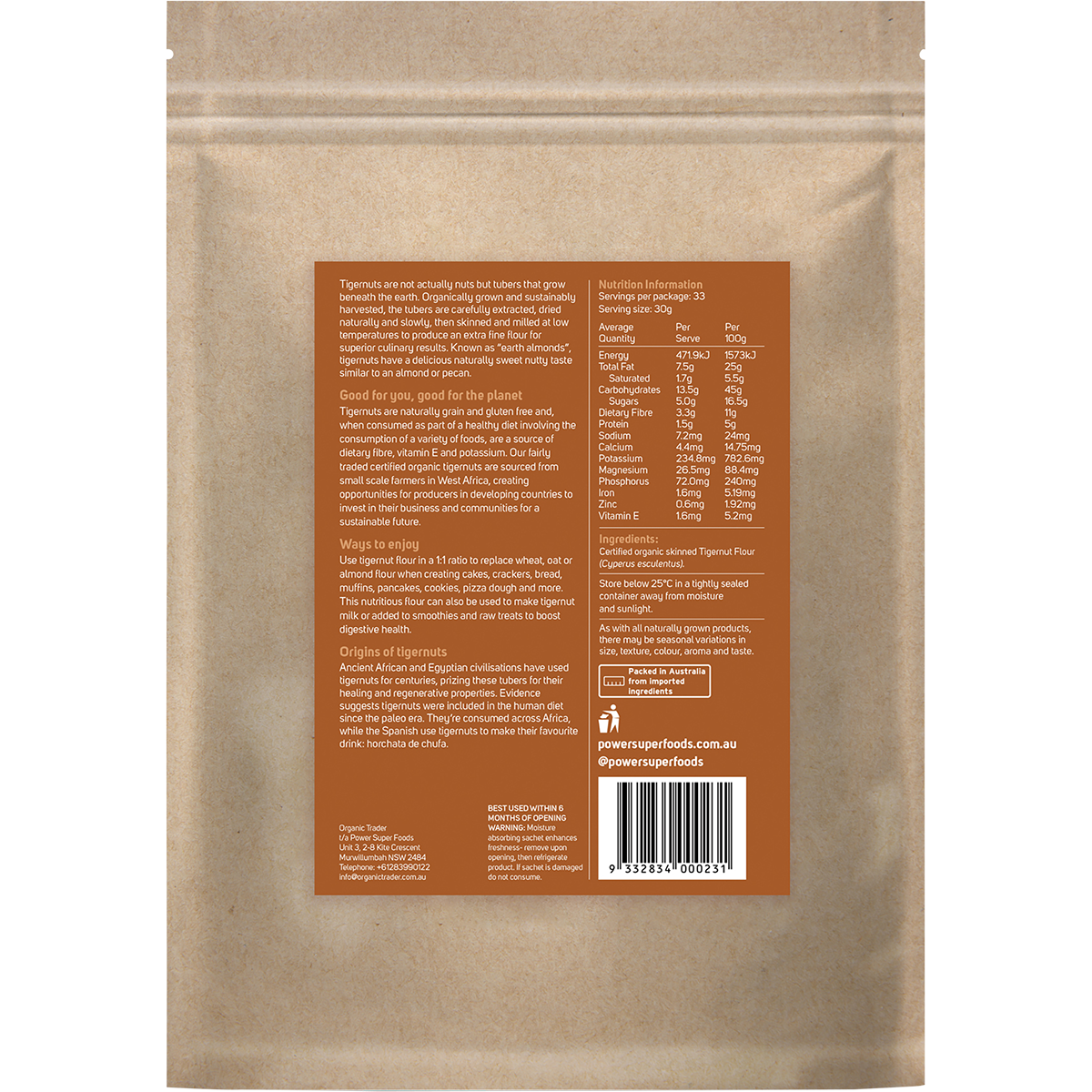 Power Super Foods Organic Tigernut Flour – 1kg, back of pack