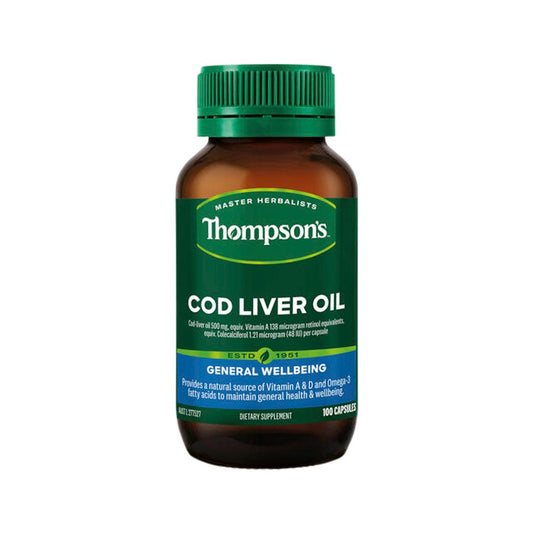 Thompson's Cod Liver Oil – 100 Capsules, front of pack