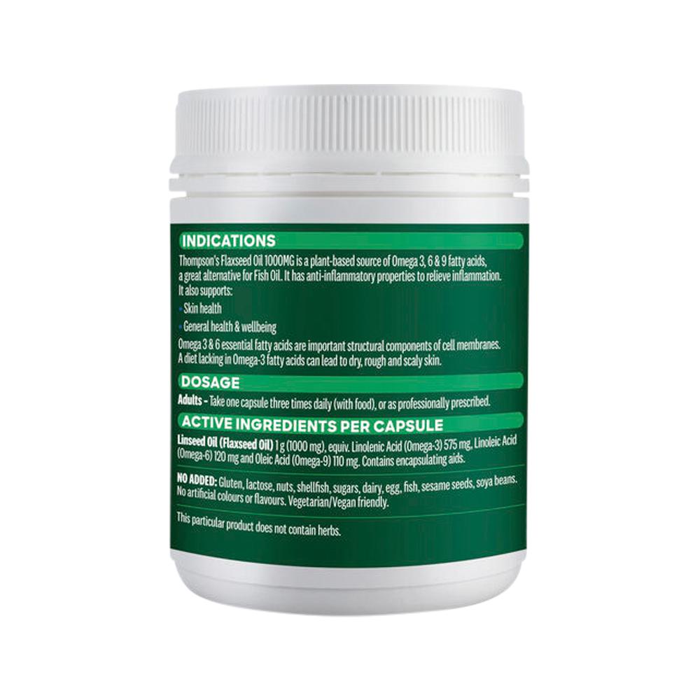 Thompson's Flaxseed Oil 1000mg – 200 Capsules, back of pack