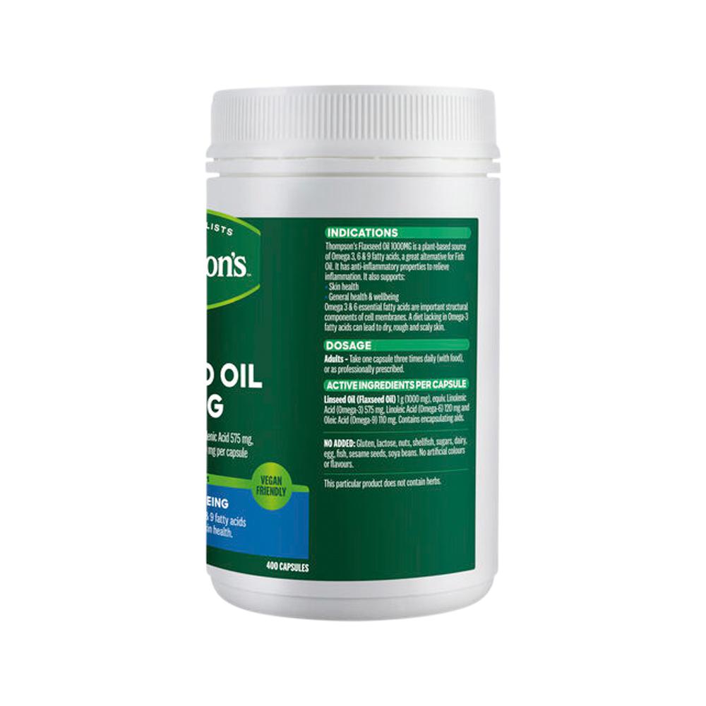 Thompson's Flaxseed Oil 1000mg – 400 Capsules, back of pack