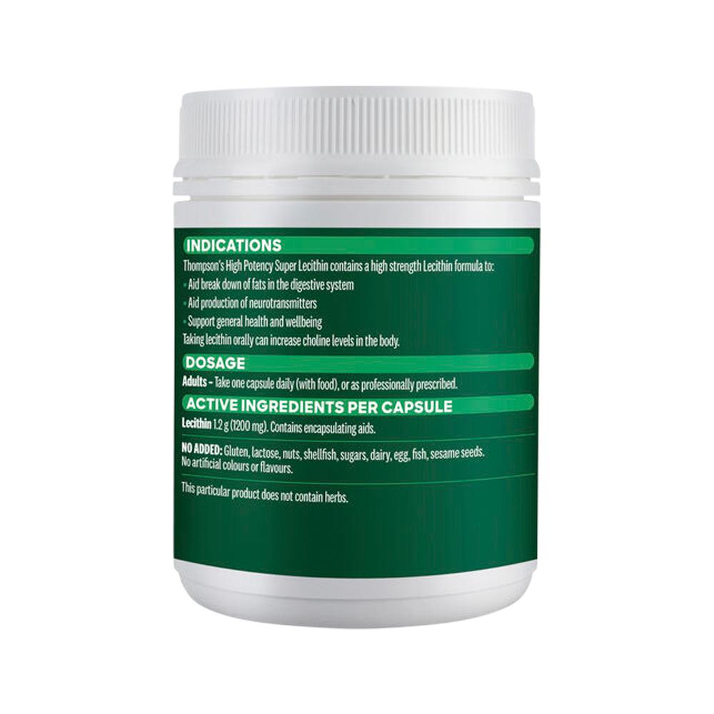 Thompson's High Potency Super Lecithin – 200 Capsules, back of pack