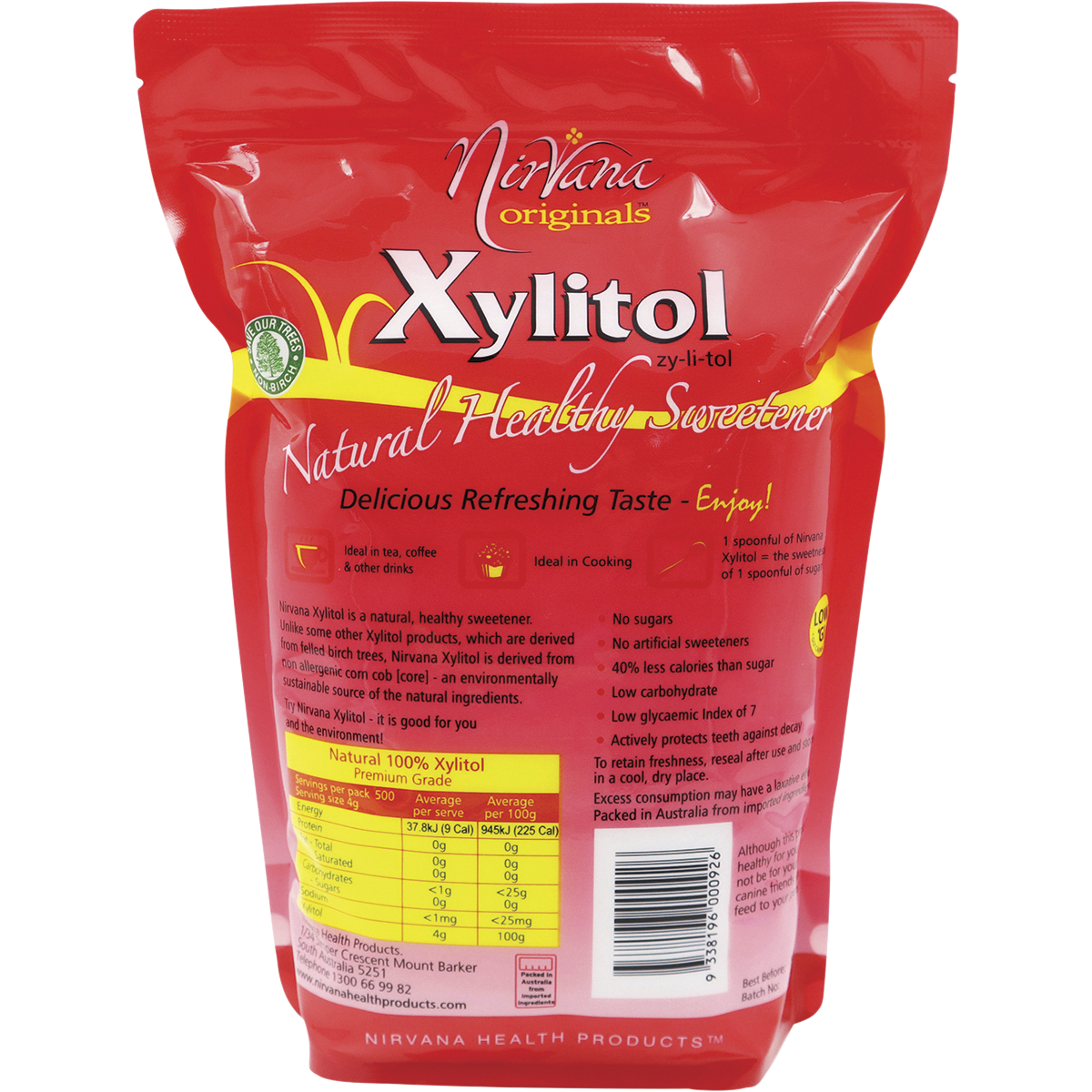 Nirvana Originals Xylitol – 2kg, back of pack