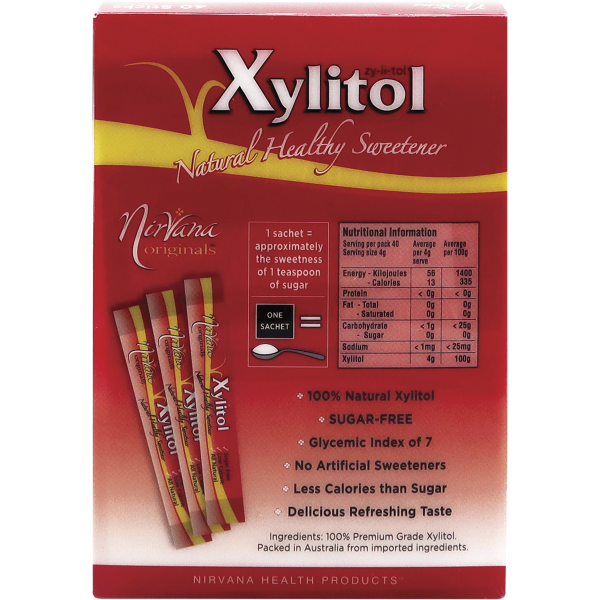 Nirvana Originals Xylitol Sticks – 40 x 4g, back of pack