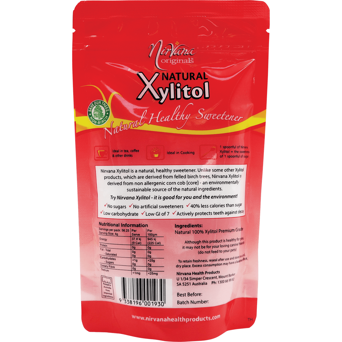 Nirvana Originals Xylitol – 225g, back of pack