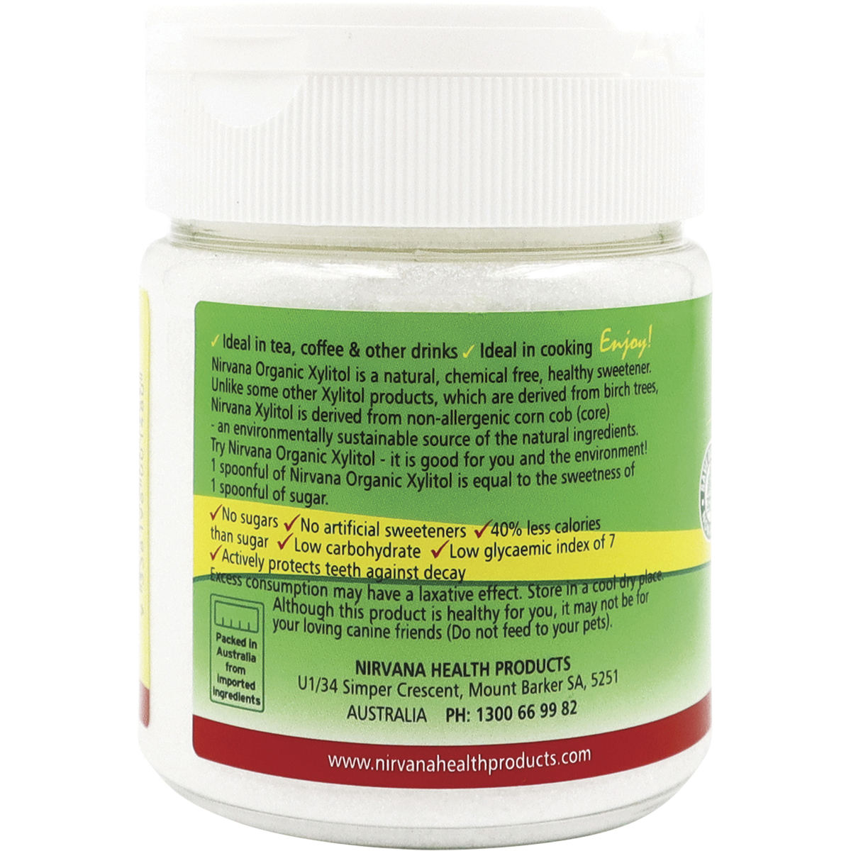 Nirvana Organics Xylitol Refillable Shaker – 200g, pack detail