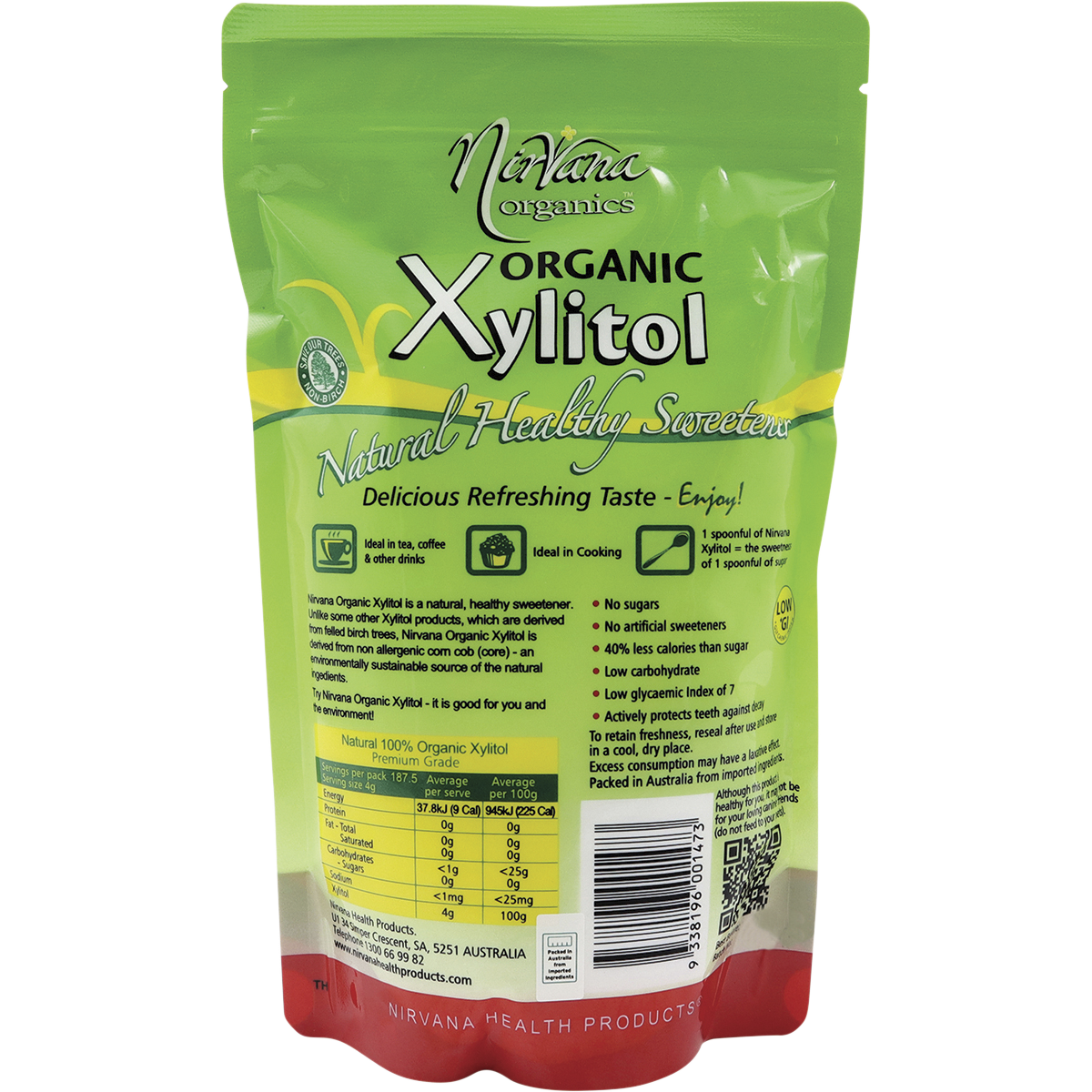 Nirvana Organics Xylitol – 750g, back of pack