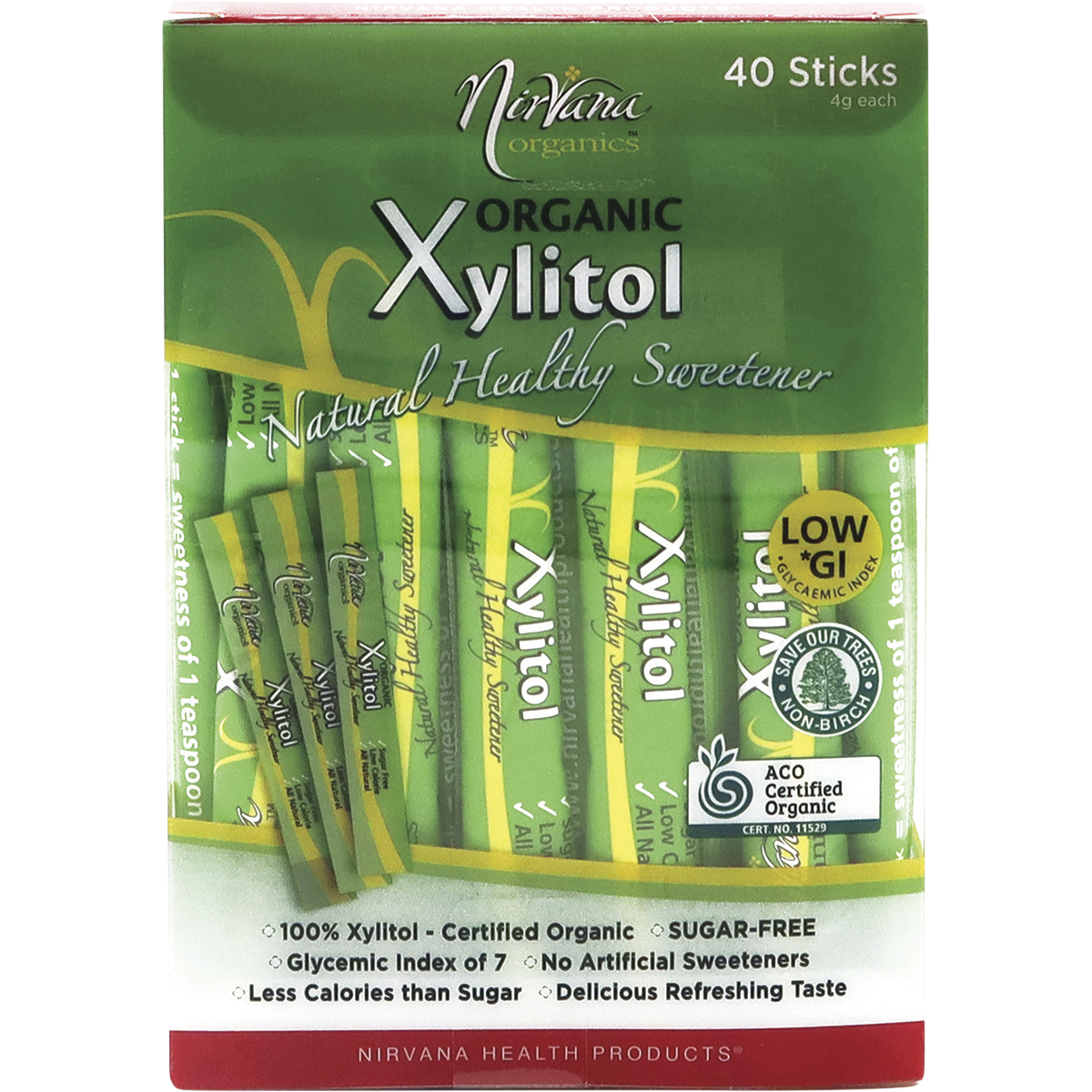 Nirvana Organics Xylitol Sticks – 40 x 4g, front of pack