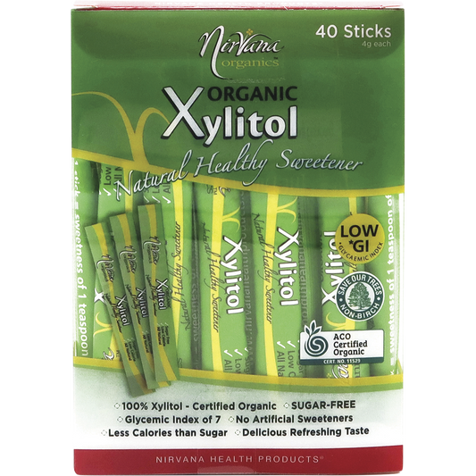 Nirvana Organics Xylitol Sticks – 40 x 4g, front of pack