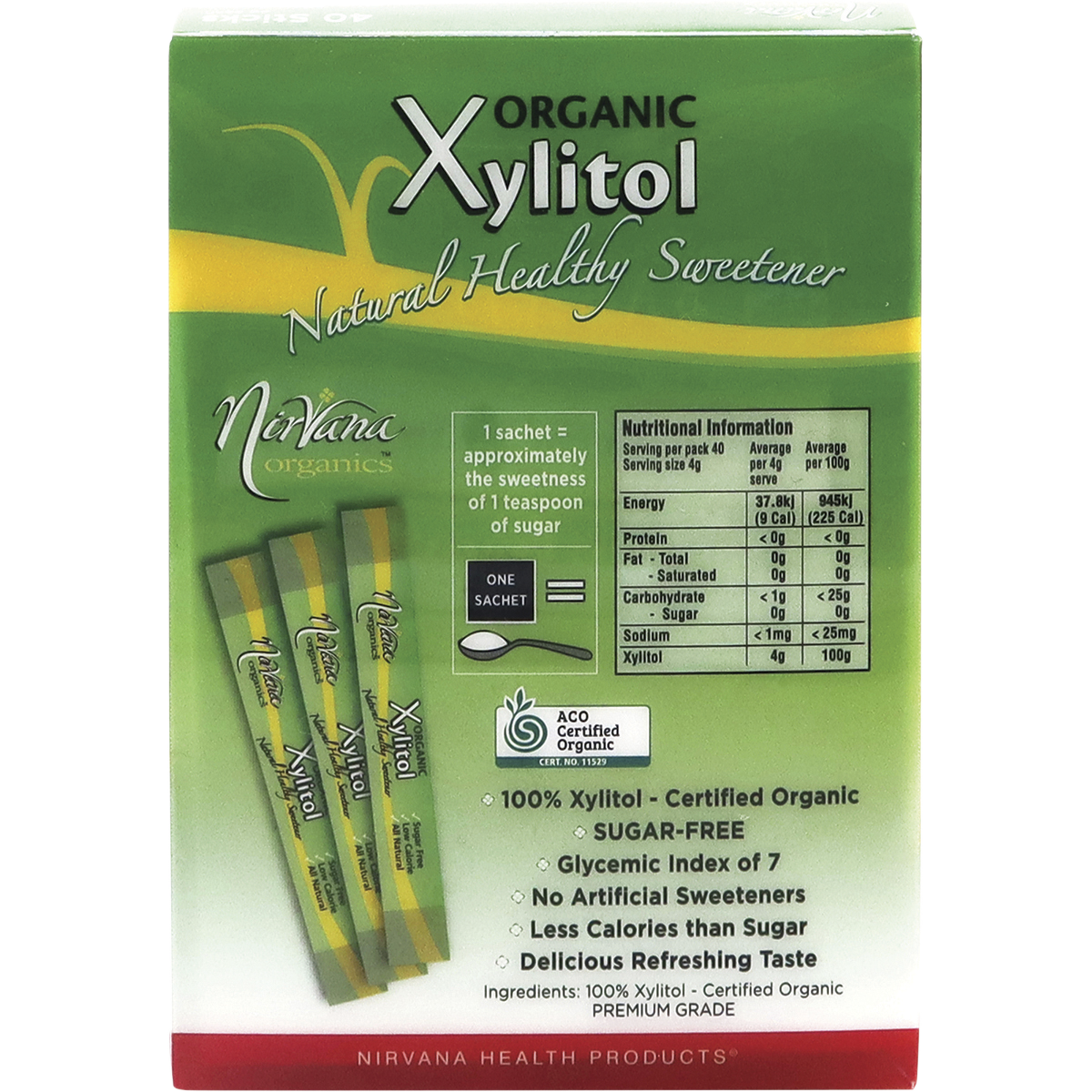 Nirvana Organics Xylitol Sticks – 40 x 4g, back of pack