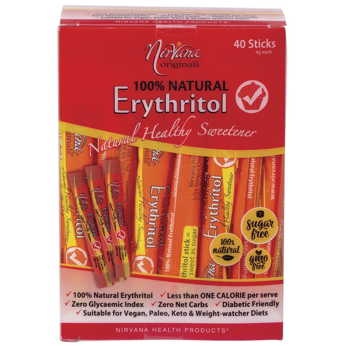 Nirvana Originals Erythritol 100% Natural Sticks – 40 x 4g, front of pack