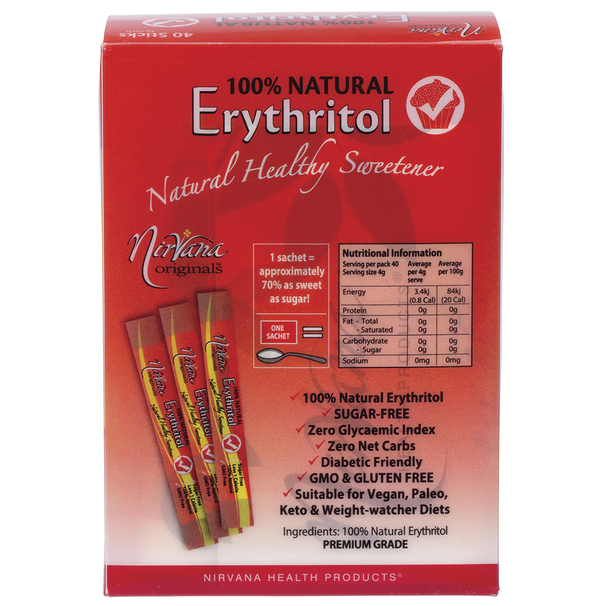 Nirvana Originals Erythritol 100% Natural Sticks – 40 x 4g, back of pack