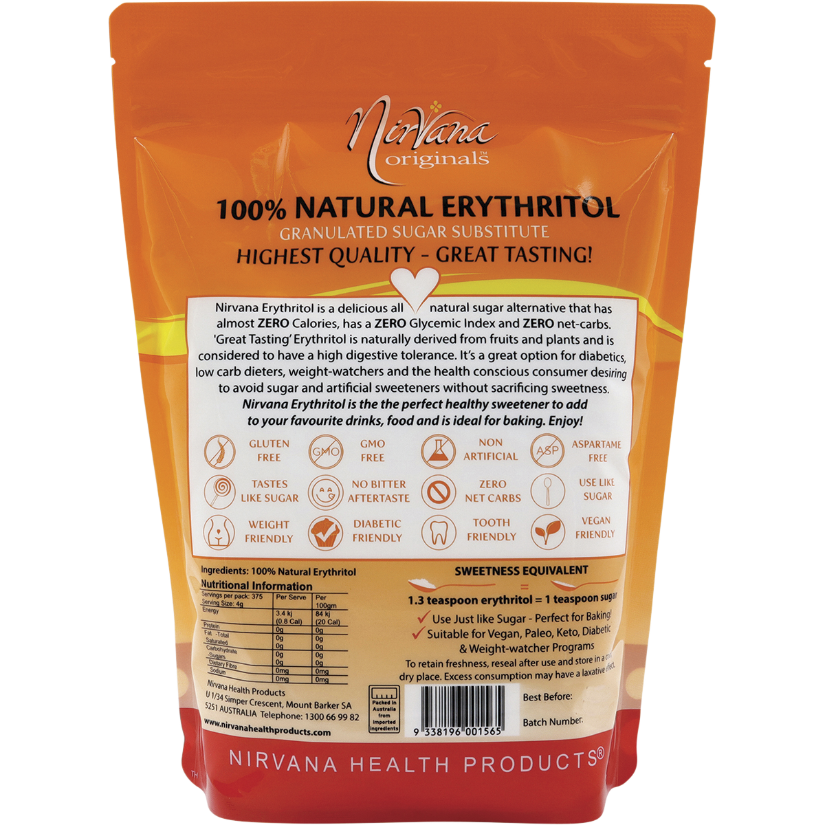 Nirvana Originals Erythritol 100% Natural – 1.5kg, back of pack