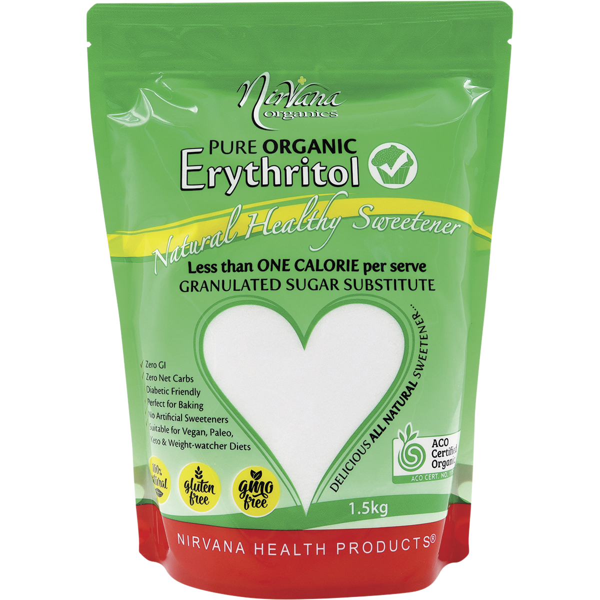 Nirvana Organics Erythritol Pure Organic – 1.5kg, front of pack