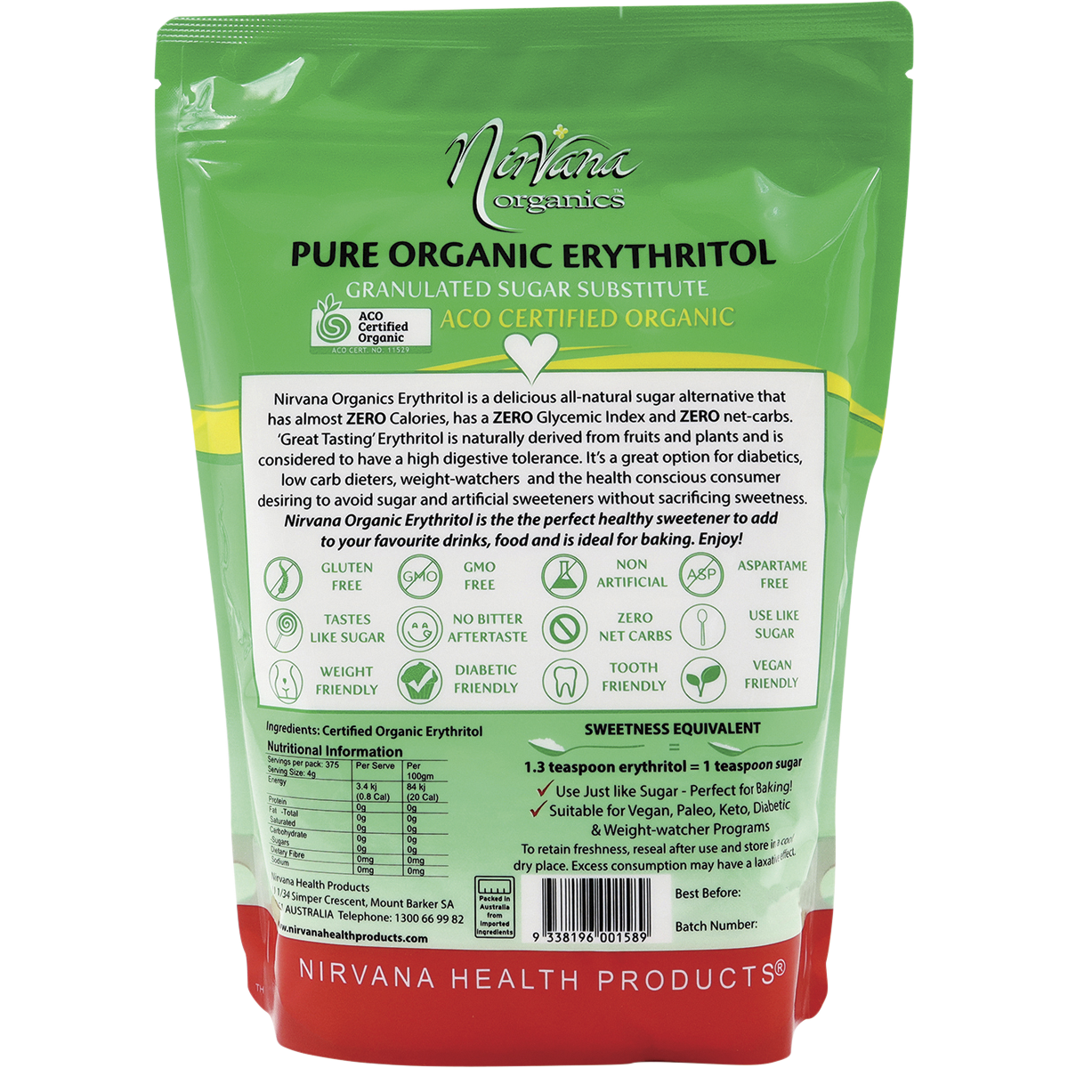 Nirvana Organics Erythritol Pure Organic – 1.5kg, back of pack
