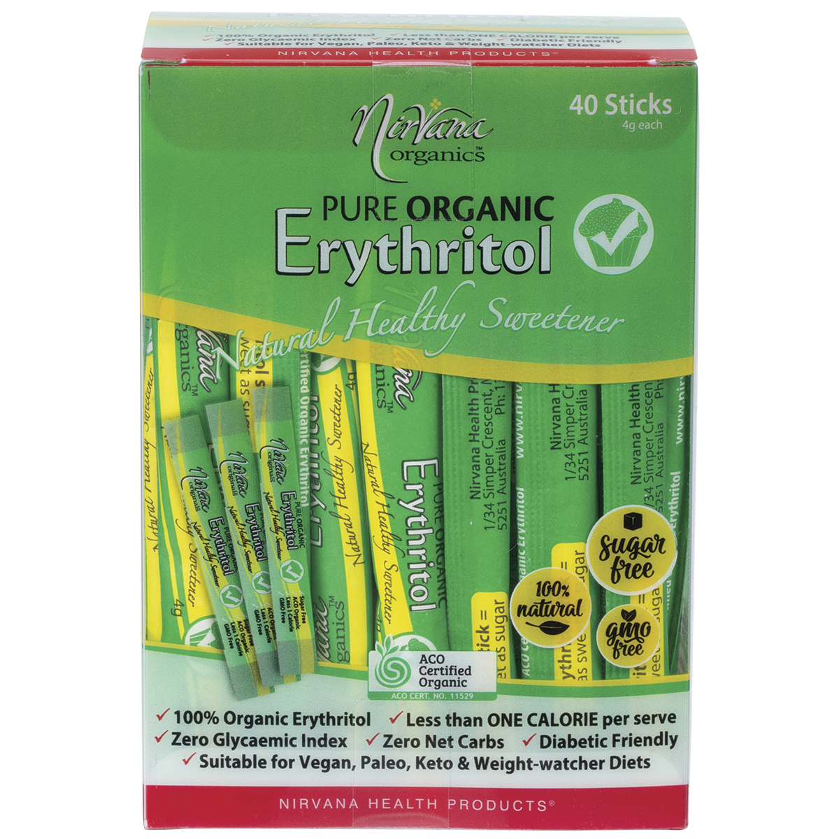 Nirvana Organics Erythritol Pure Organic Sticks – 40 x 4g, front of pack