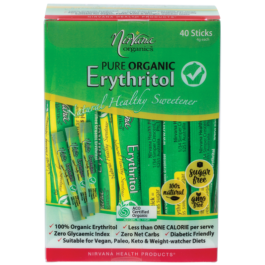 Nirvana Organics Erythritol Pure Organic Sticks – 40 x 4g, front of pack