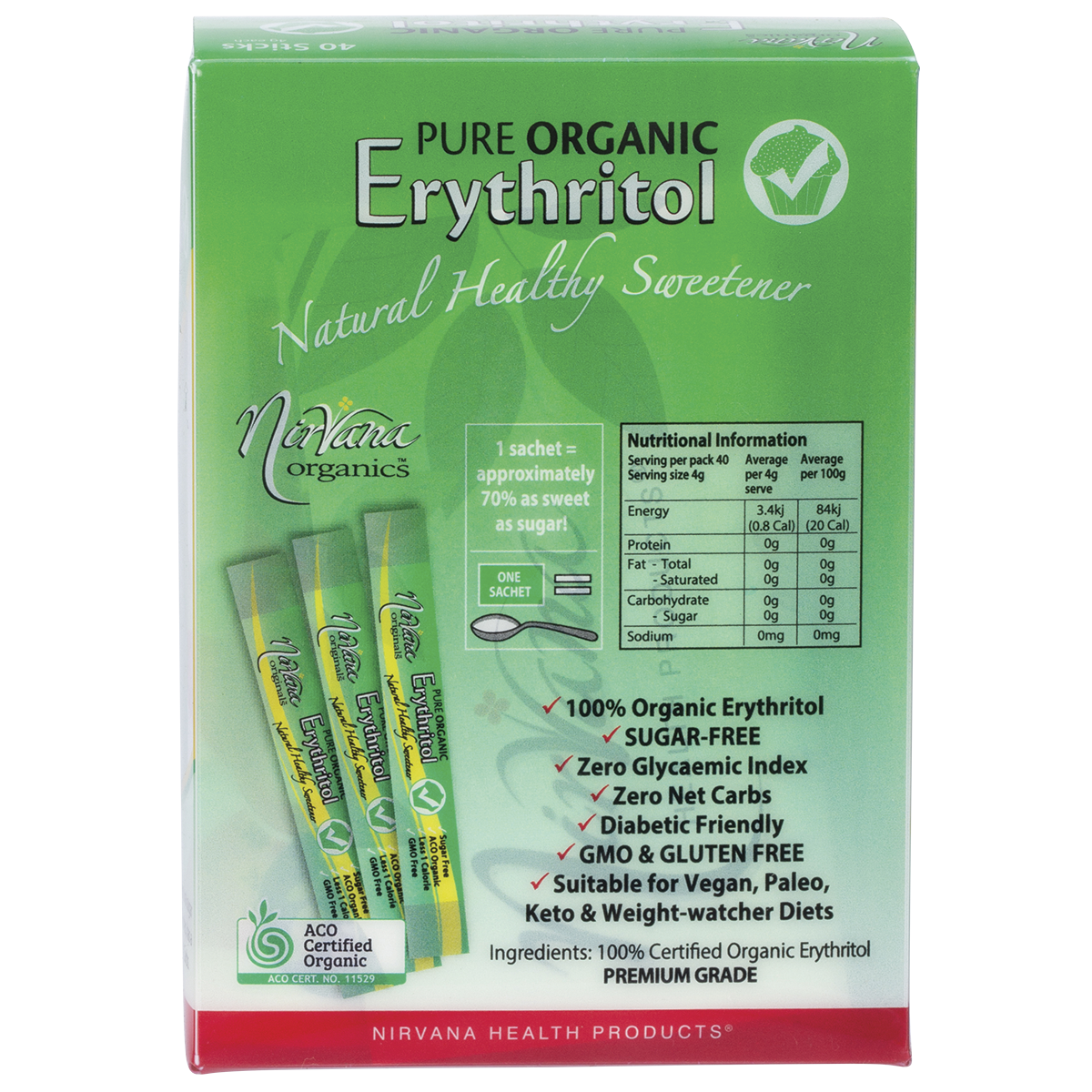 Nirvana Organics Erythritol Pure Organic Sticks – 40 x 4g, back of pack