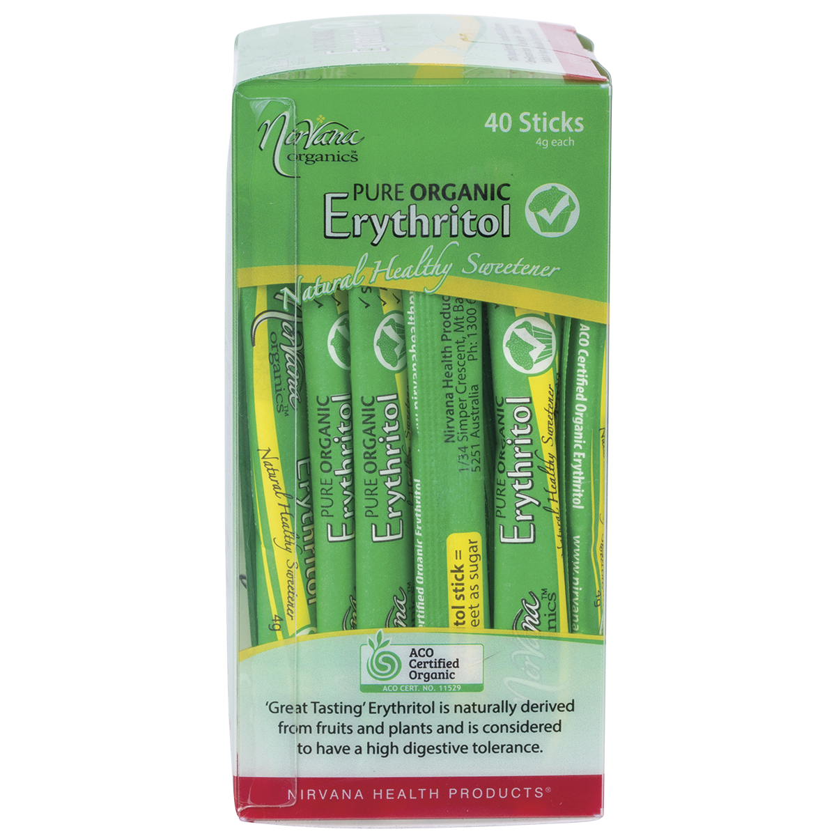 Nirvana Organics Erythritol Pure Organic Sticks – 40 x 4g, pack detail