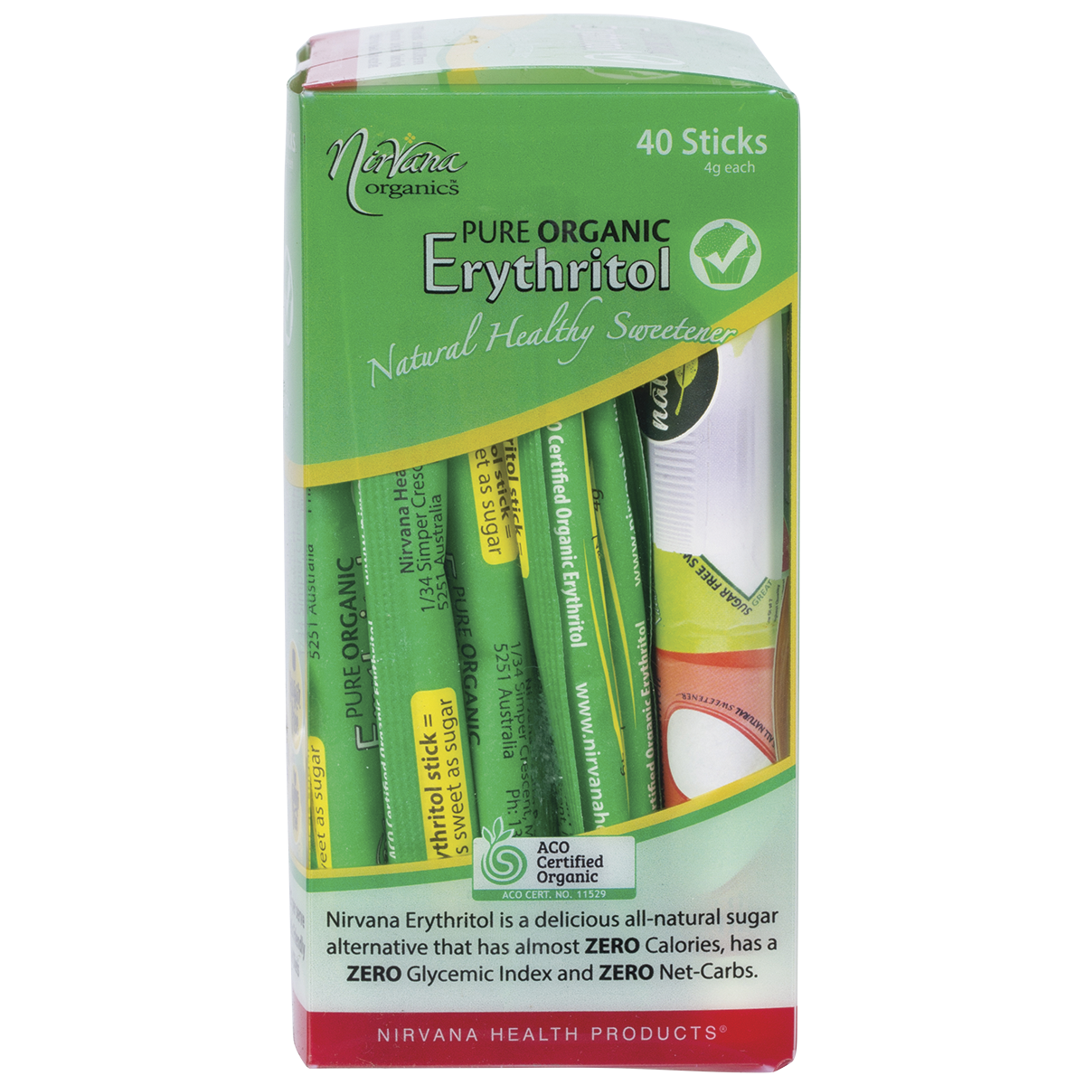 Nirvana Organics Erythritol Pure Organic Sticks – 40 x 4g, pack detail
