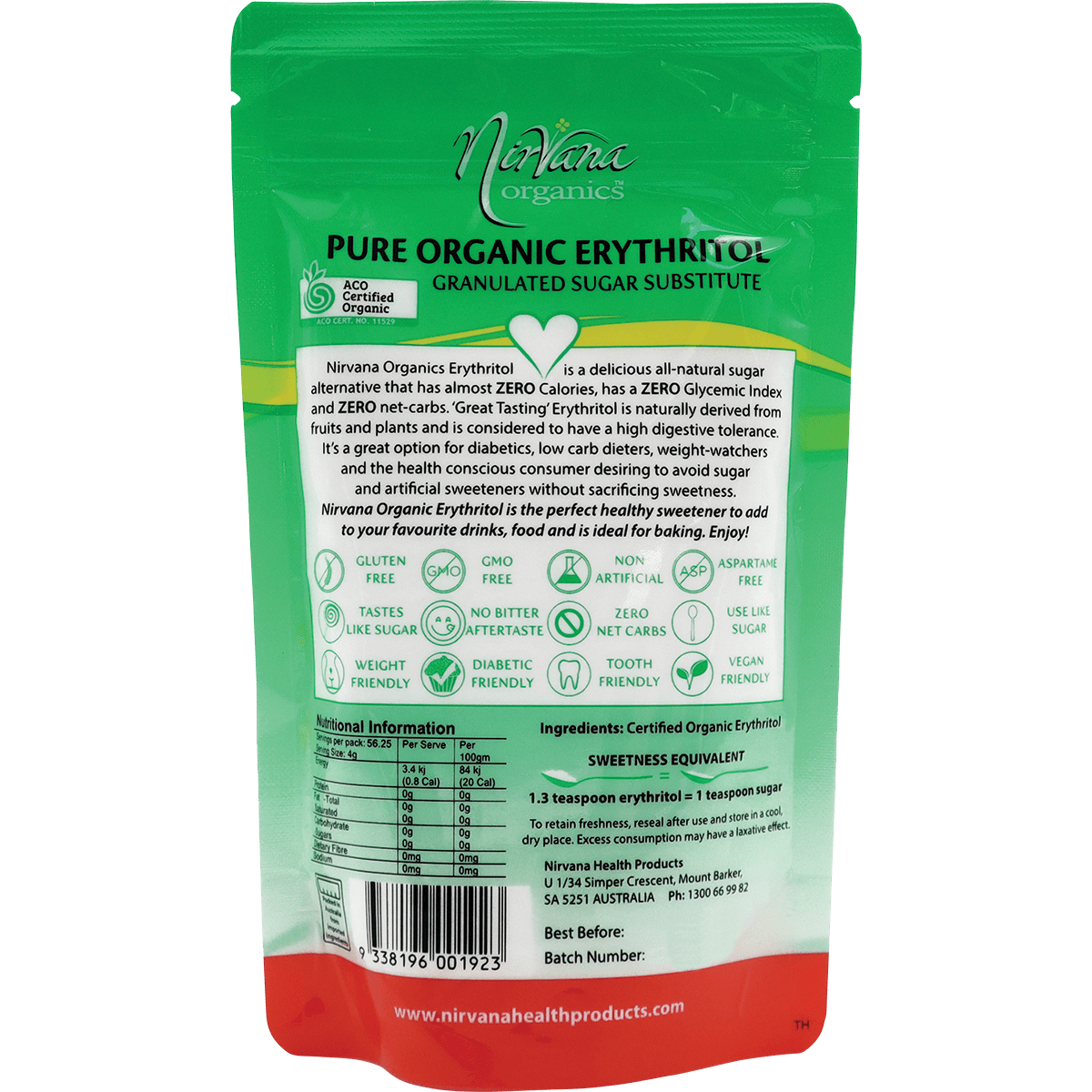 Nirvana Organics Erythritol Pure Organic – 225g, back of pack